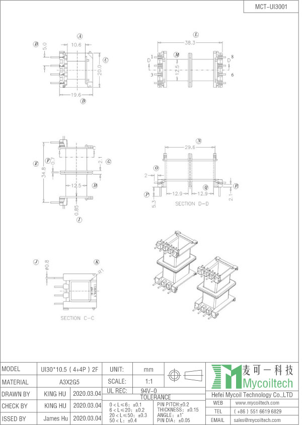 UI30 ferrite core bobbin