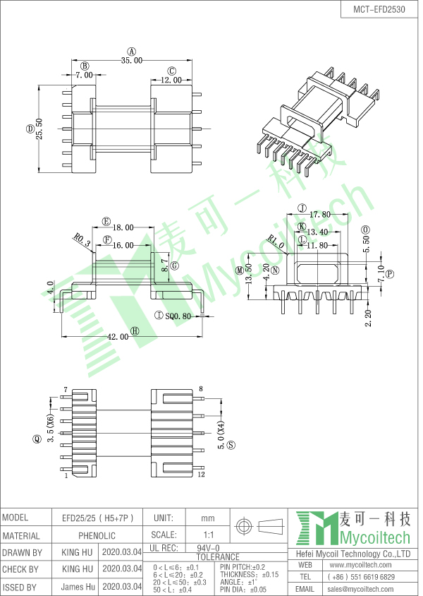 EFD20 L pin bobbin