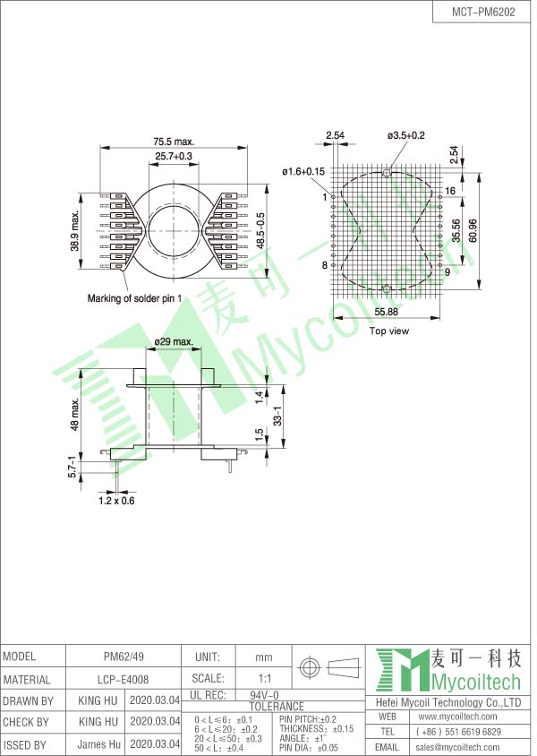 PM62 ferrite core bobbin