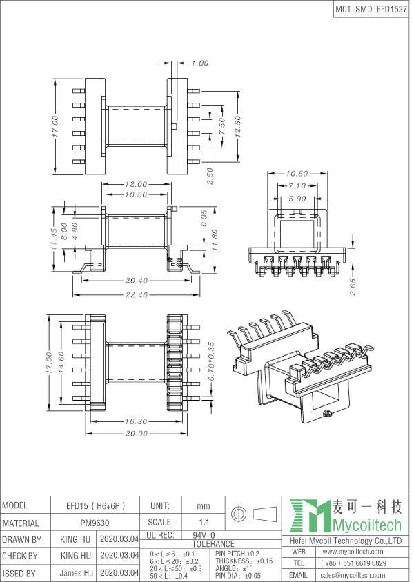 SMD EFD15 transformer bobbin