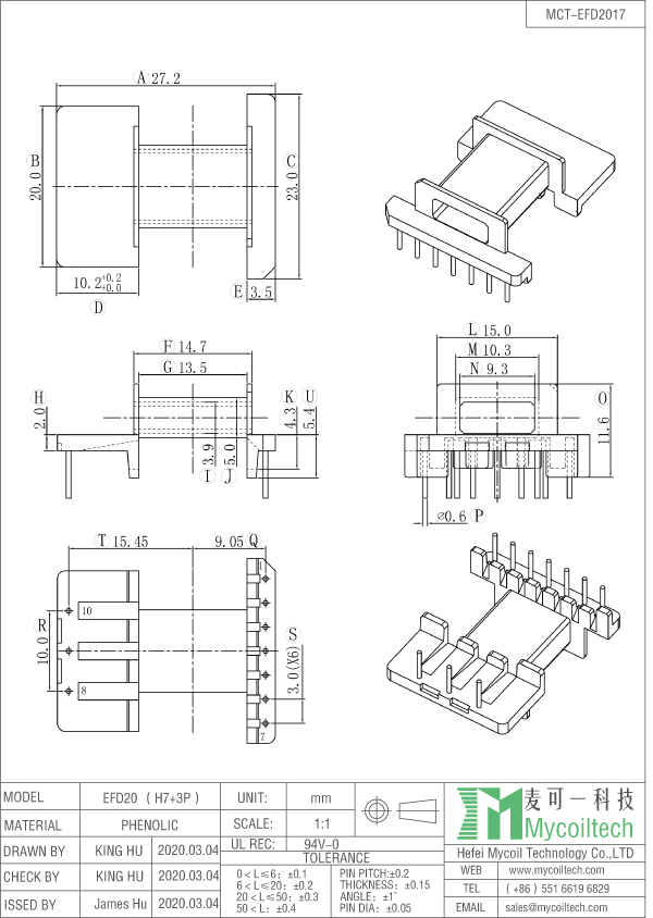 EFD20 horizontal coil bobbin