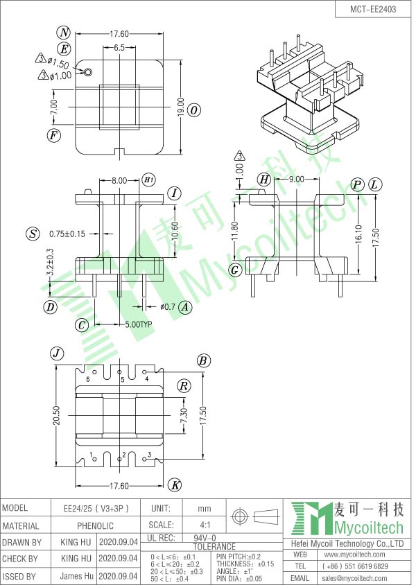 EE24 vertical bobbin 3+3 pins