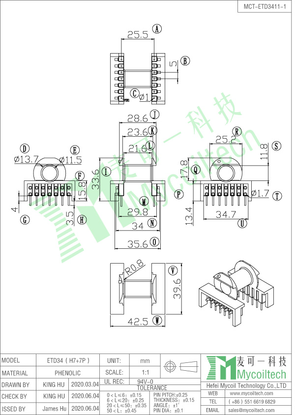 ETD34 horizontal coil bobbin