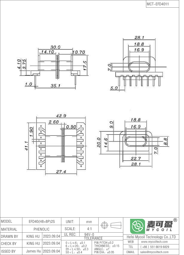 Horizontal EFD40 Ferrite Core Bobbin