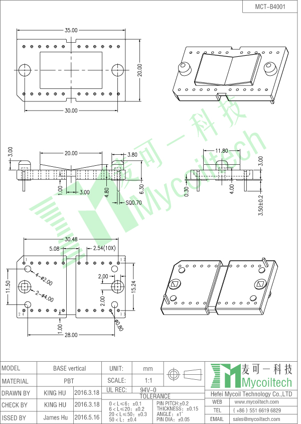 Filter inductor base with pins